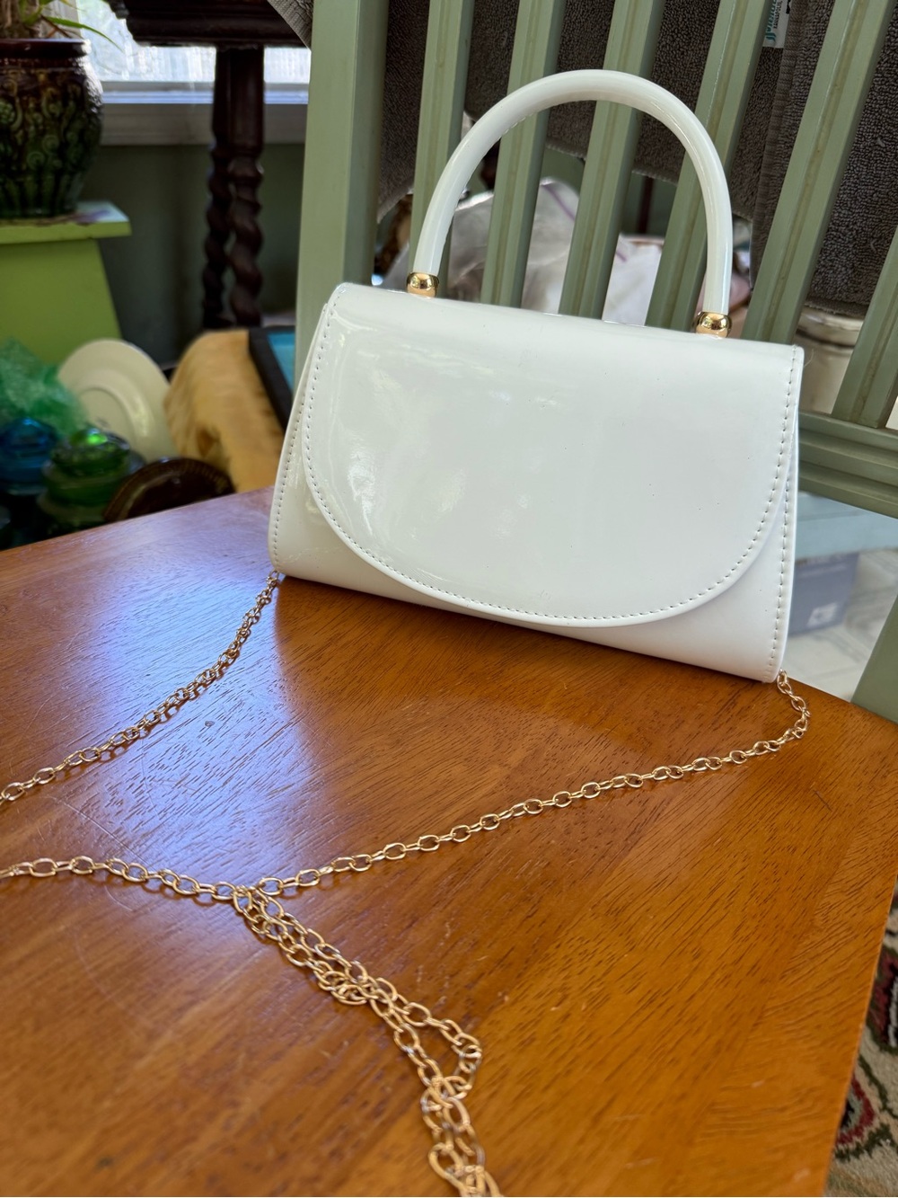 White Patent Top-Handle Crossbody Bag with Gold Chain